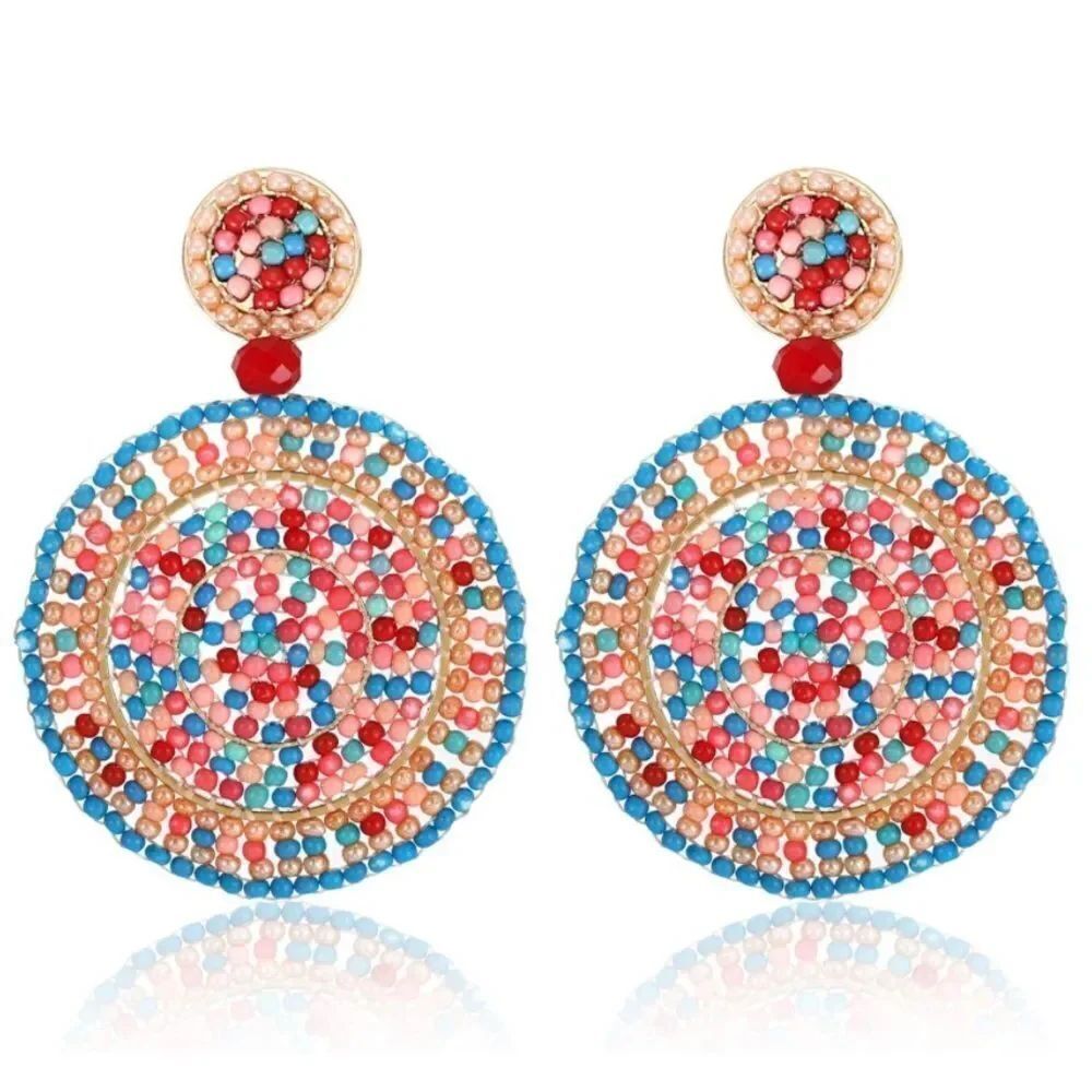 Multicolored Beaded Double Round Disc Boho Drop Statement Post Back Earrings